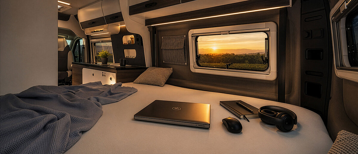 Feierabendentspanning im VANTourer Campervan nach der Remote Arbeit im mobilen Büro