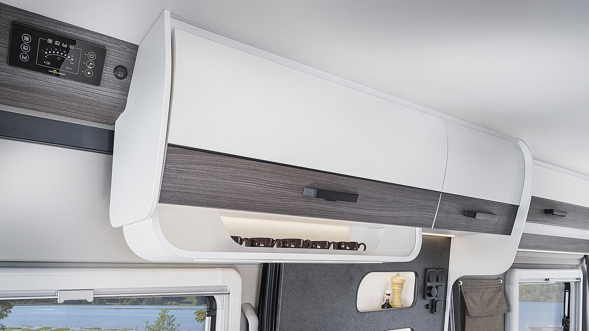Fittings in the VANTourer panel van with white finishes and elegant accents in Malaga Smoke
