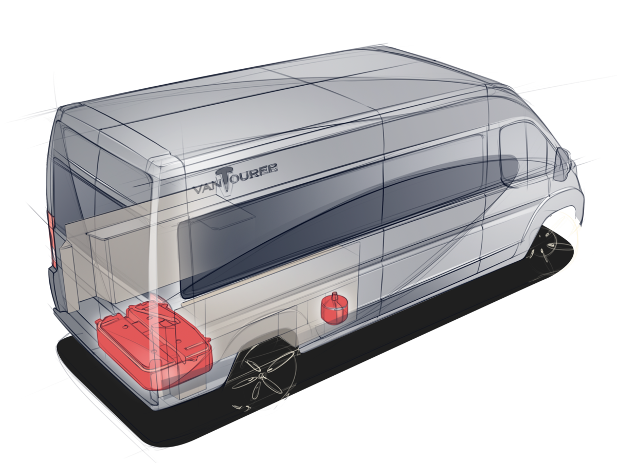 VANTourer Kastenwagen Heckstauraum mit Unterflurwassertank und kleiner Gasflasche