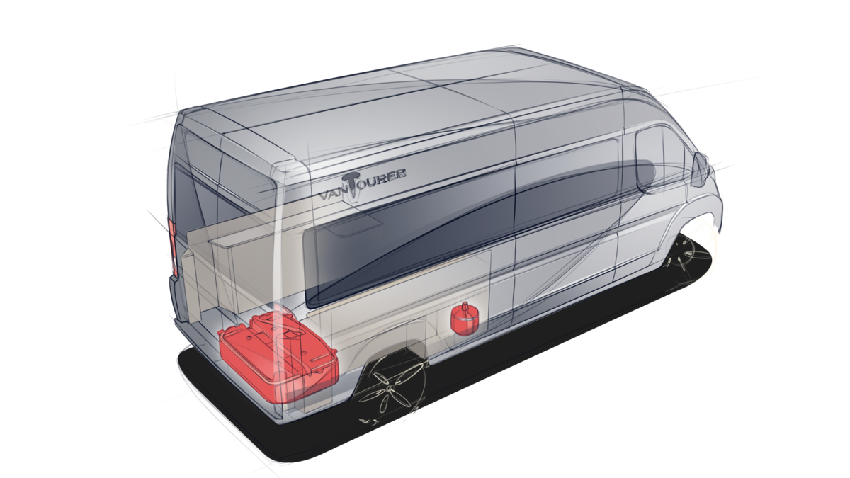 Illustration VANTourer panel van: 40% more rear storage space thanks to underfloor water tank and Truma diesel central heating