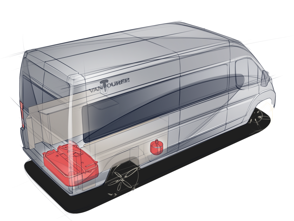 VANTourer Fourgon Espace de rangement arrière avec réservoir d'eau sous plancher et petite bouteille de gaz