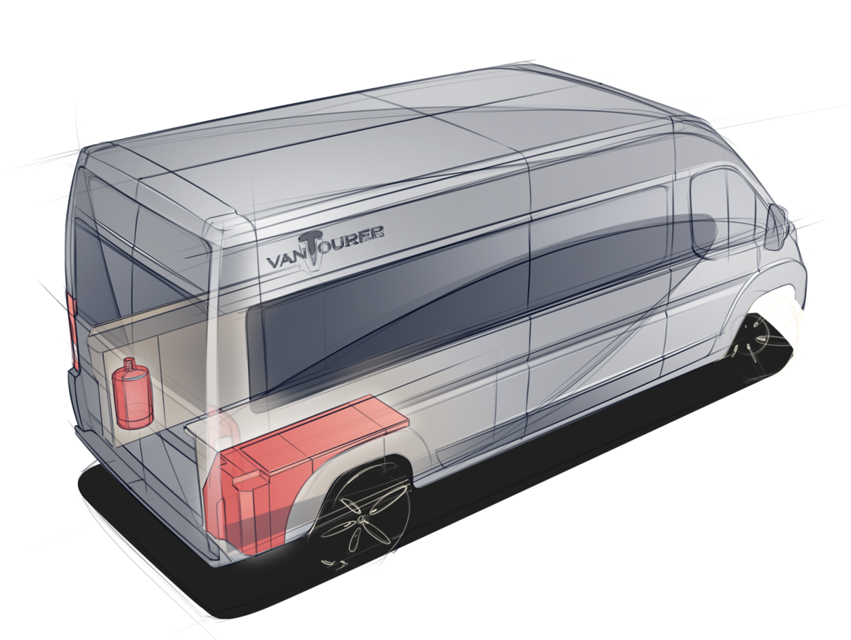 Illustration Kastenwagen Heckstauraum mit Wassertank und großer Gasflasche